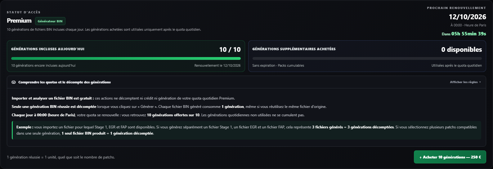 Quota quotidien et packs supplémentaires